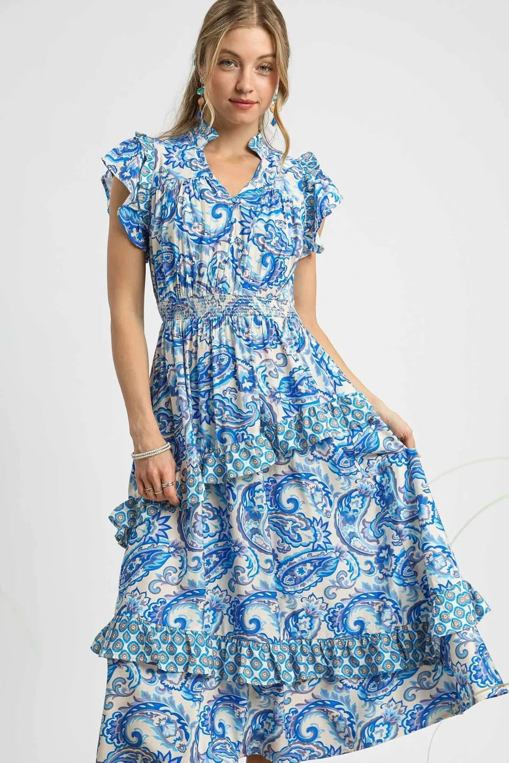 Umgee Boho Paisley Midi Dress with Ruffle Sleeves Smocked Waist - NeoKira Unlimited