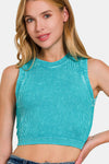 Zenana Washed Ribbed Seamless Crop Tank with Bra Pad Brami Trendsi Lt Teal S/M 