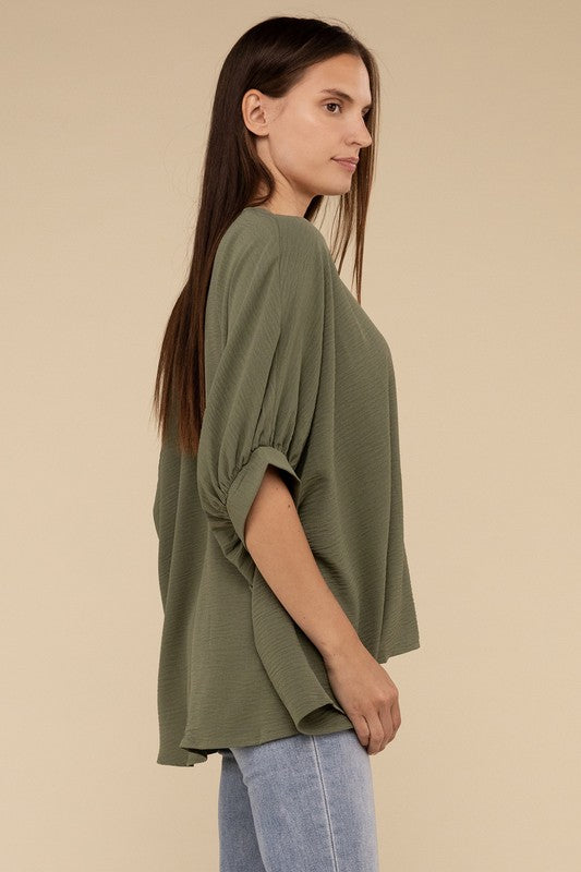 Woven Airflow V-Neck Puff Half Sleeve Top Top ZENANA   