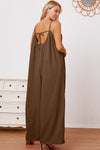 Double Take Full Size Ruffle Trim Tie Back Cami Jumpsuit with Pockets Jumpsuits Trendsi   