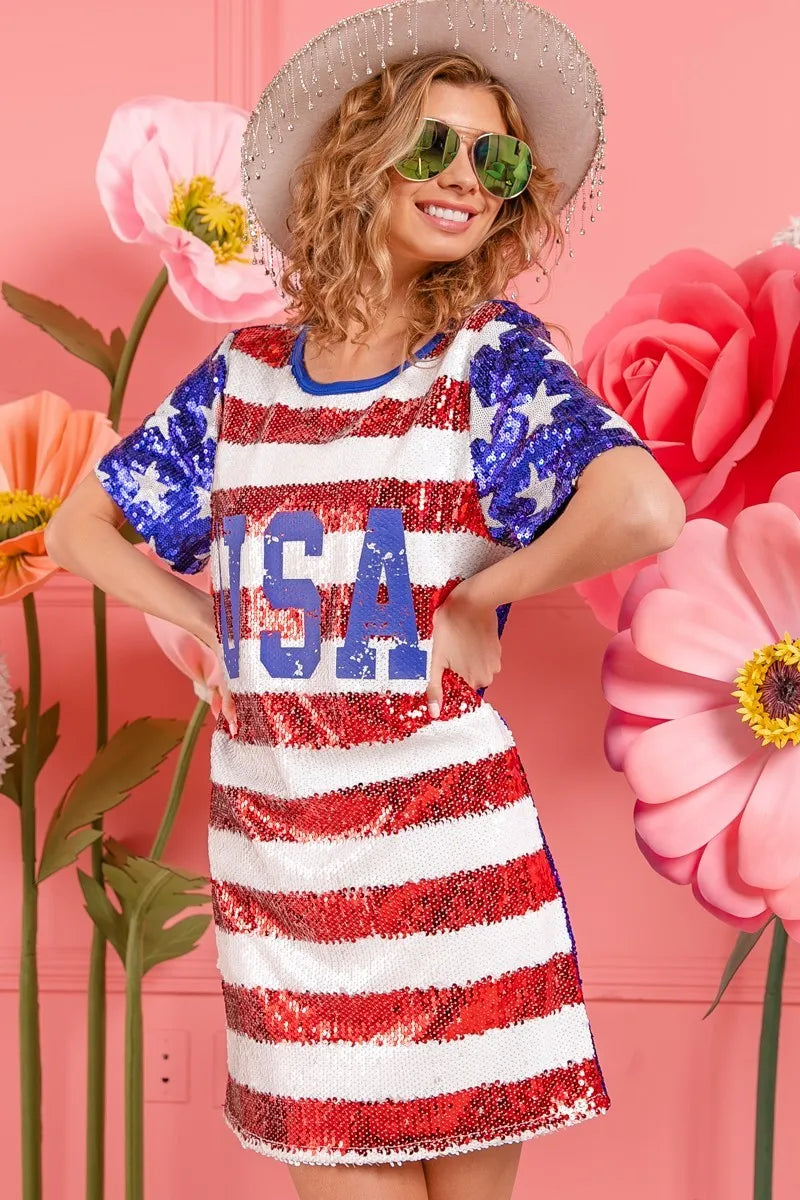 BiBi American Flag Theme Usa Print Sequin Dress - NeoKira Unlimited