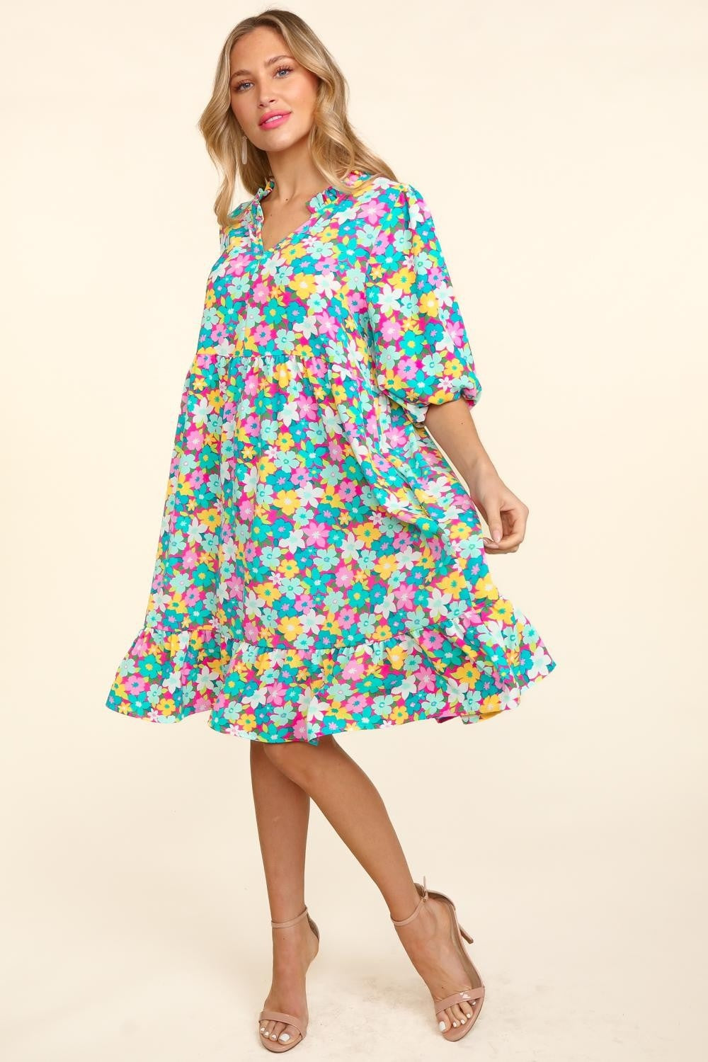 Haptics Bubble Sleeve Floral Ruffled Dress - NeoKira Unlimited