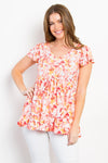 Be Stage Full Size Floral Ruffled Babydoll Top Top Trendsi Neon Orange S 