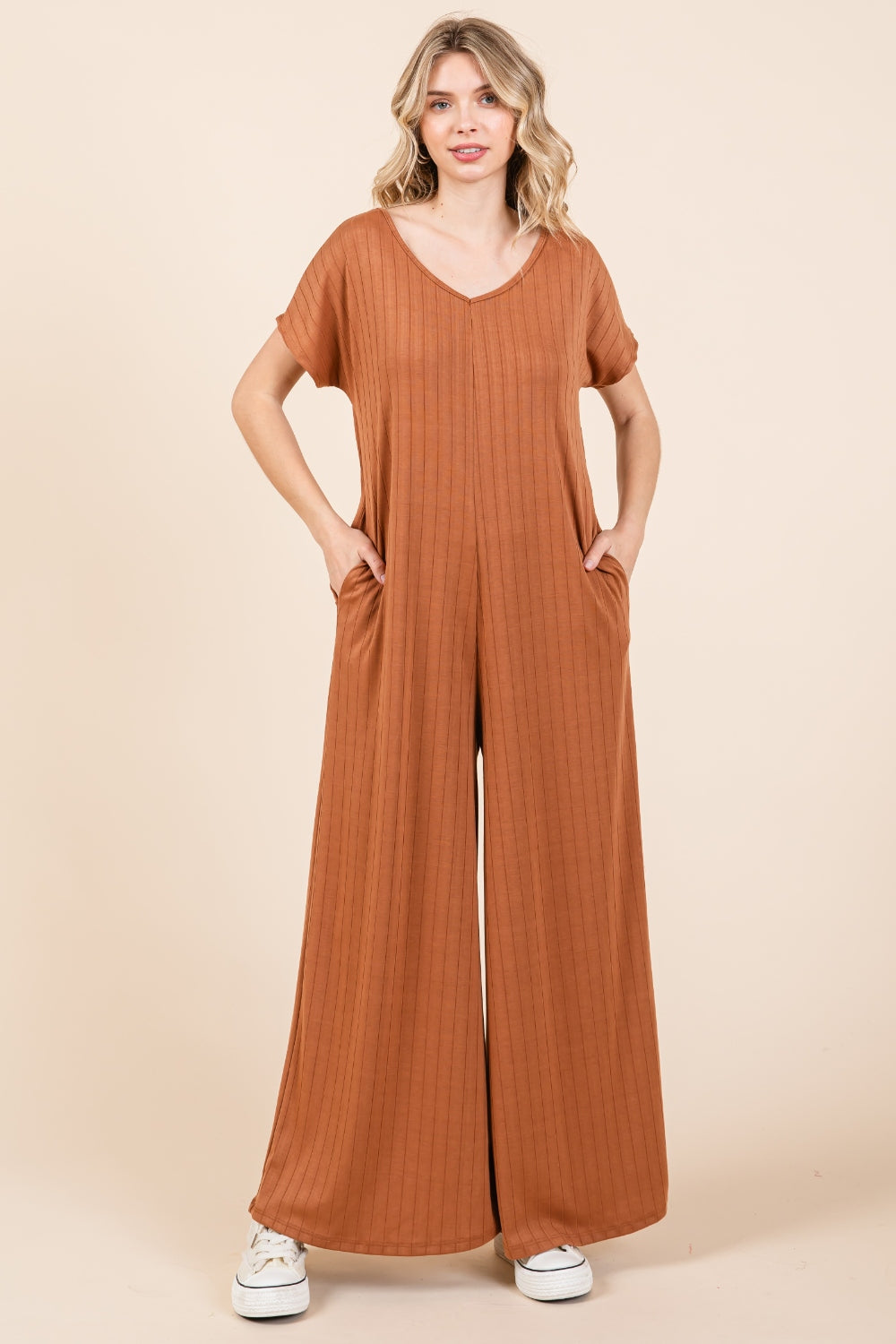 BOMBOM Ribbed Short Sleeve Wide Leg Jumpsuit - NeoKira Unlimited
