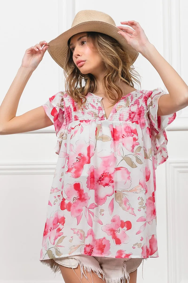 BiBi Floral Print Flutter Sheer Top Lightweight Boho Chic Blouse - NeoKira Unlimited