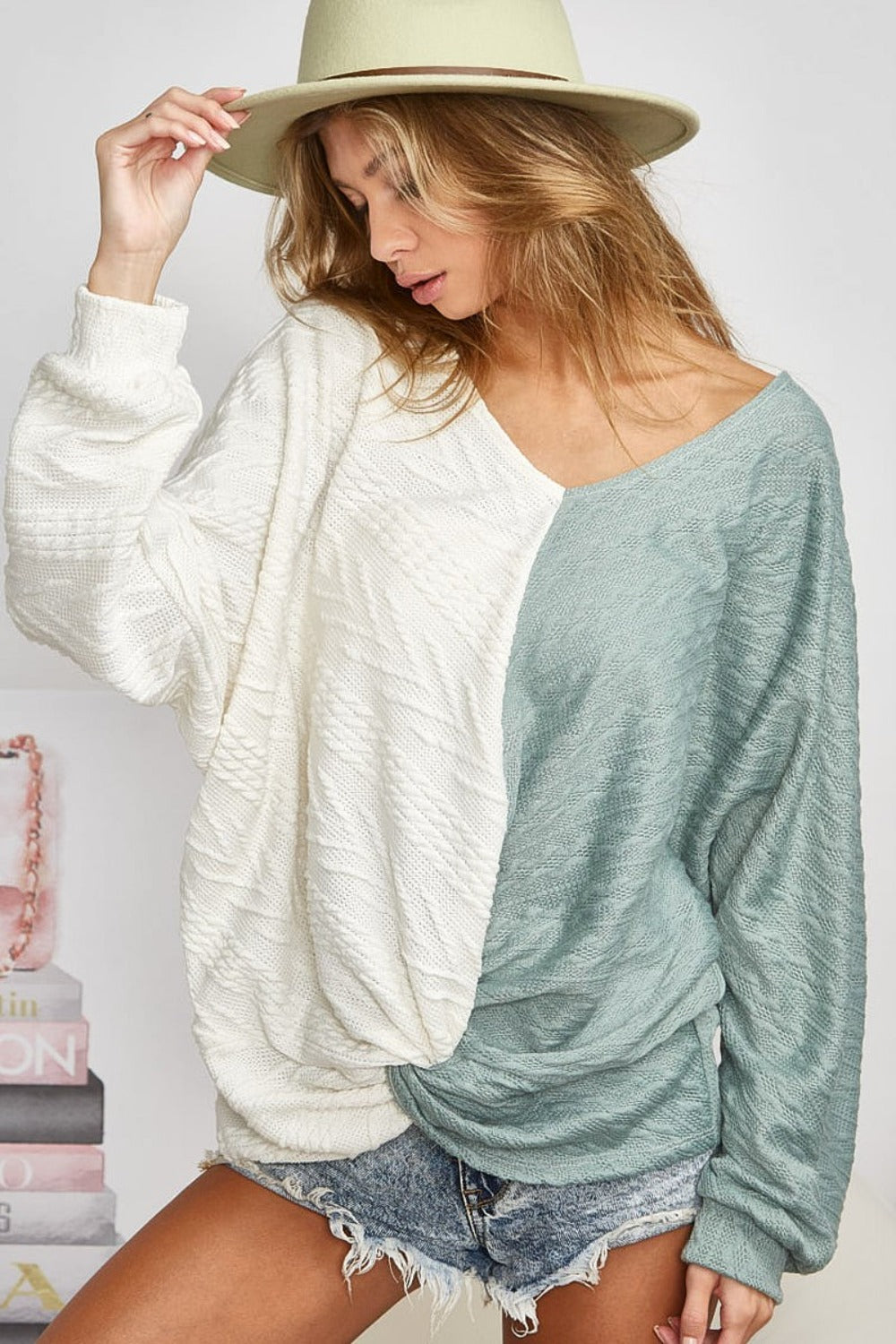 BiBi Twist Front Contrast Cable Knit Top - NeoKira Unlimited