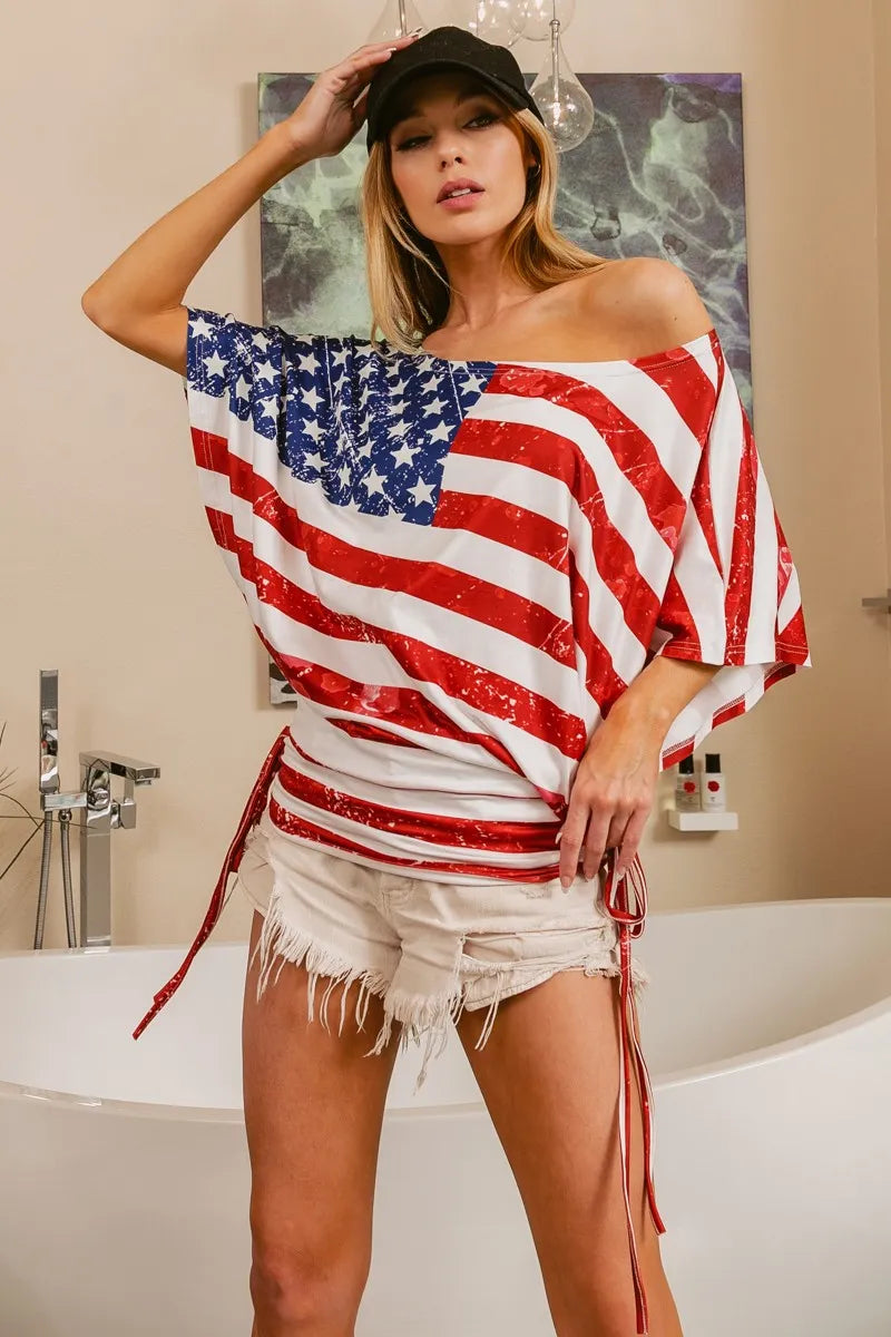 BiBi American Flag Printed Side Ruched Details Knit Top - NeoKira Unlimited