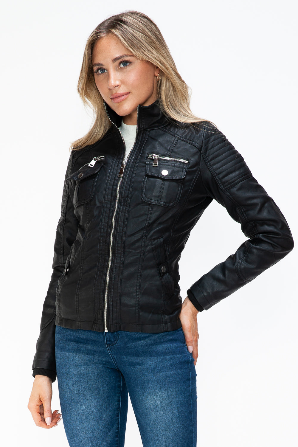 YMI Removable Faux Layered Multi-Pocket Jacket with Fuzzy Hood - NeoKira Unlimited