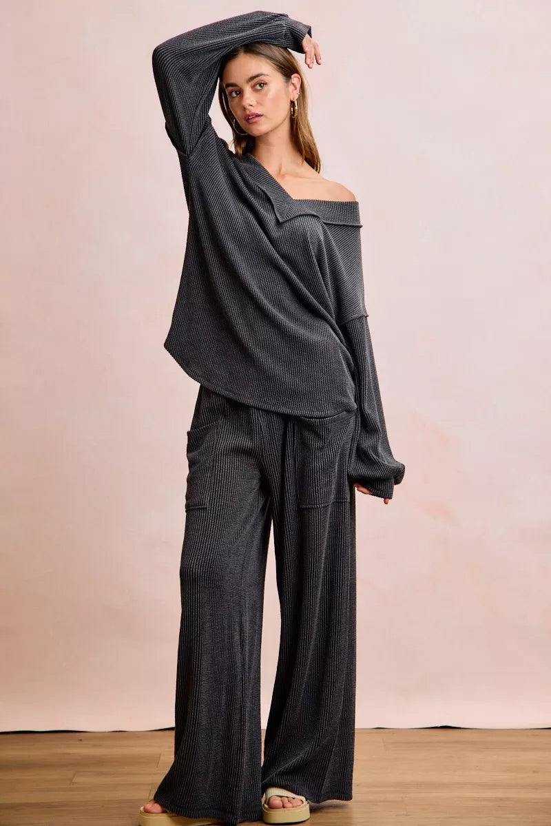 BiBi Two Tone Cord Rib Contrast Stitching V-Neck Top and Pants Set Boho Chic - NeoKira Unlimited