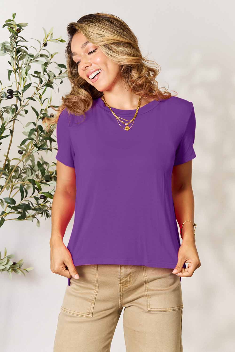 Basic Bae Full Size Round Neck Short Sleeve T-Shirt T-Shirt Trendsi Purple S 