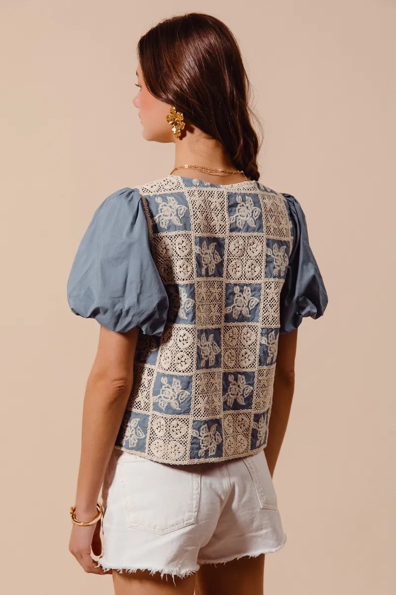 SO ME Boho Patchwork Tie Front Puff Sleeve V Neck Cropped Blouse - NeoKira Unlimited