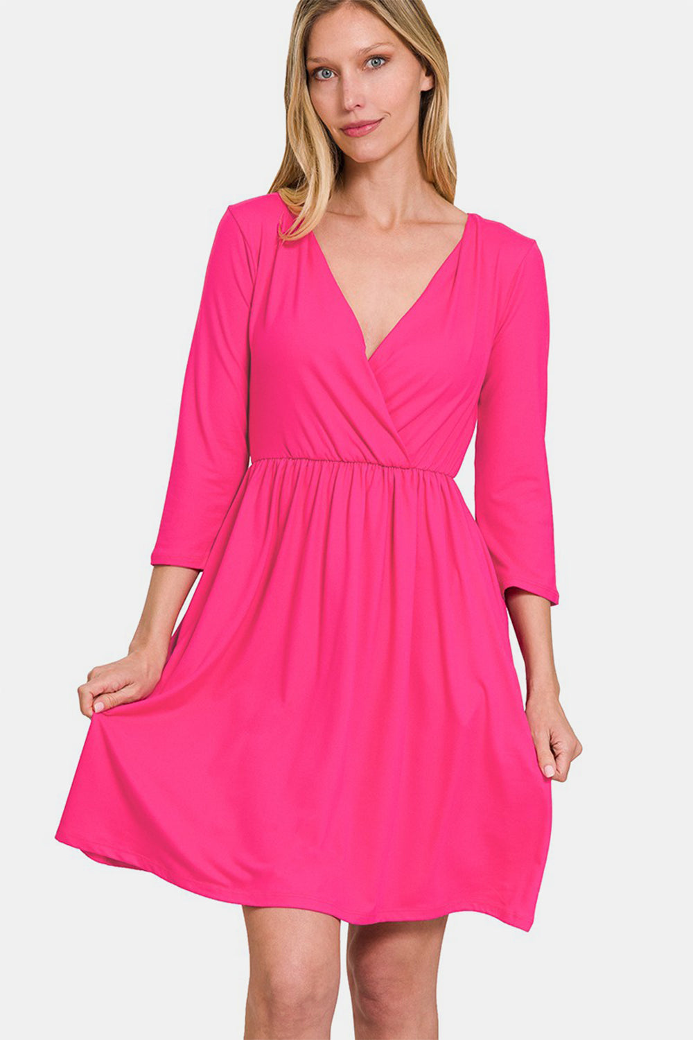 Zenana Three-Quarter Sleeve Surplice Dress with Pockets Mini Dress Trendsi Hot Pink S 