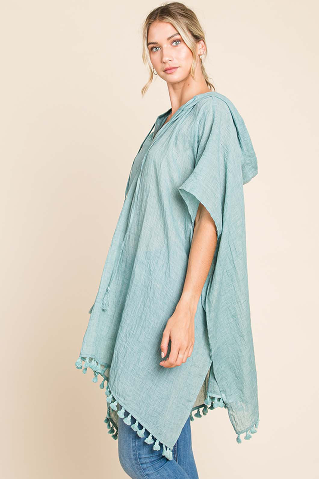 Cotton Bleu by Nu Label Tassel Hem Hooded Cover Up Cover Up Trendsi   