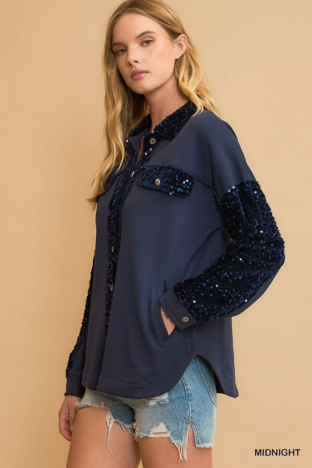 Umgee Sequined French Terry Jacket Boho Glam Casual Style - NeoKira Unlimited