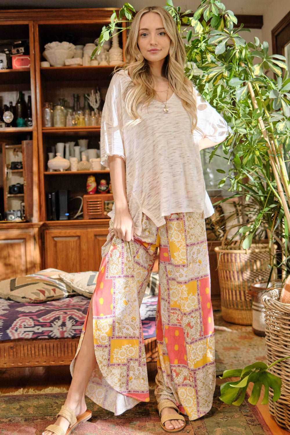 And The Why Printed Smocking Waist Side Slit Wide Leg Pants - NeoKira Unlimited
