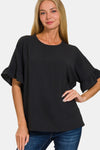 Zenana V-Neck Flutter Sleeve Top Top Trendsi Black S 