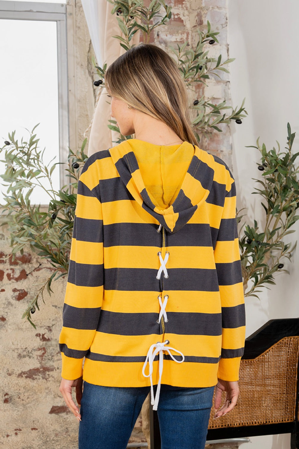 Full Size Drawstring Striped Long Sleeve Hoodie Hoodie Trendsi   