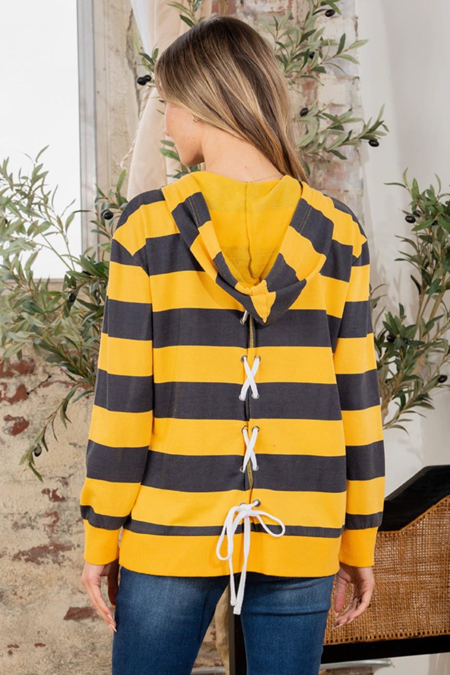 Full Size Drawstring Striped Long Sleeve Hoodie - NeoKira Unlimited