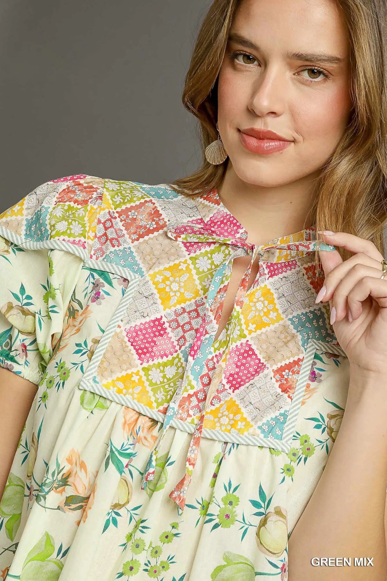 Umgee Floral Puff Sleeve Dress Tie Neck Smocked Waist - NeoKira Unlimited