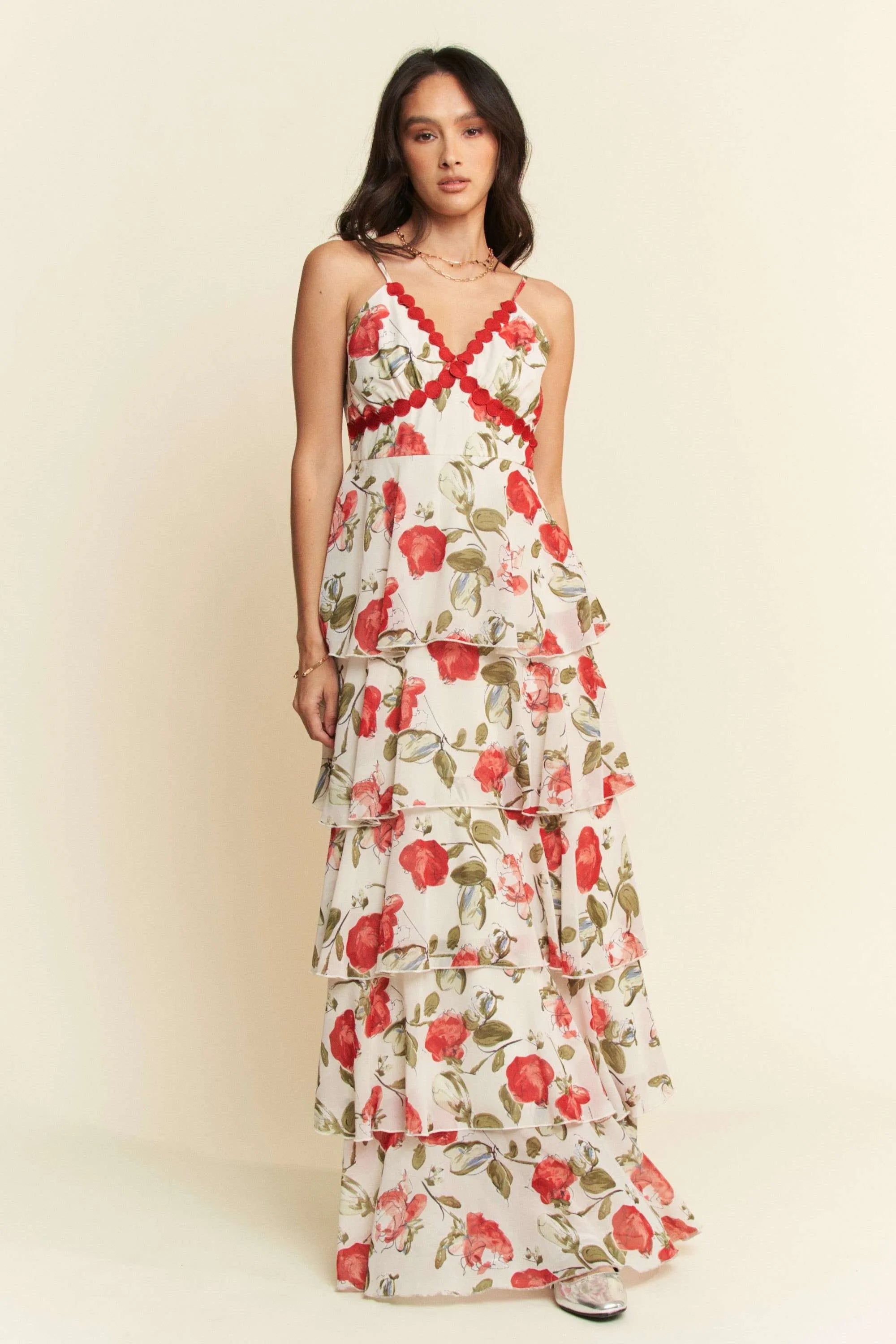 Davi & Dani Contrast Ring Lace Layered Ruffle Maxi Dress - NeoKira Unlimited