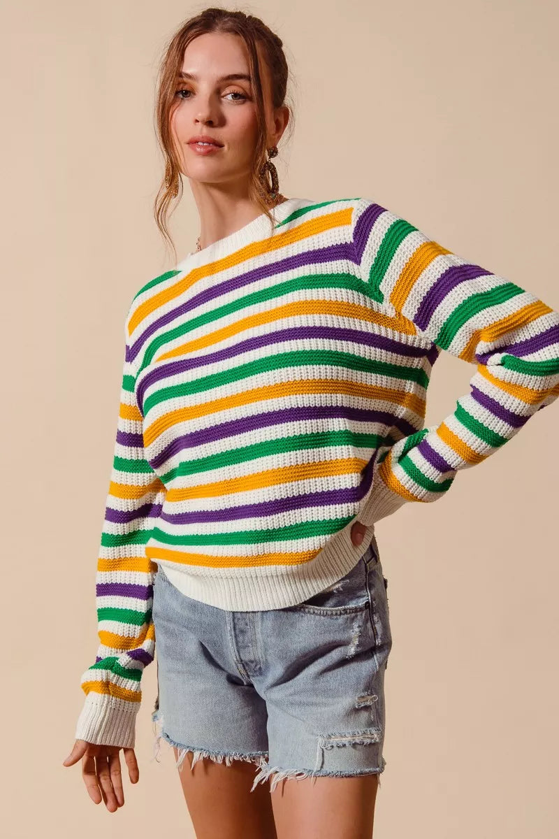 SO ME Mardi Gras Color Stripe Knit Sweater Top - NeoKira Unlimited