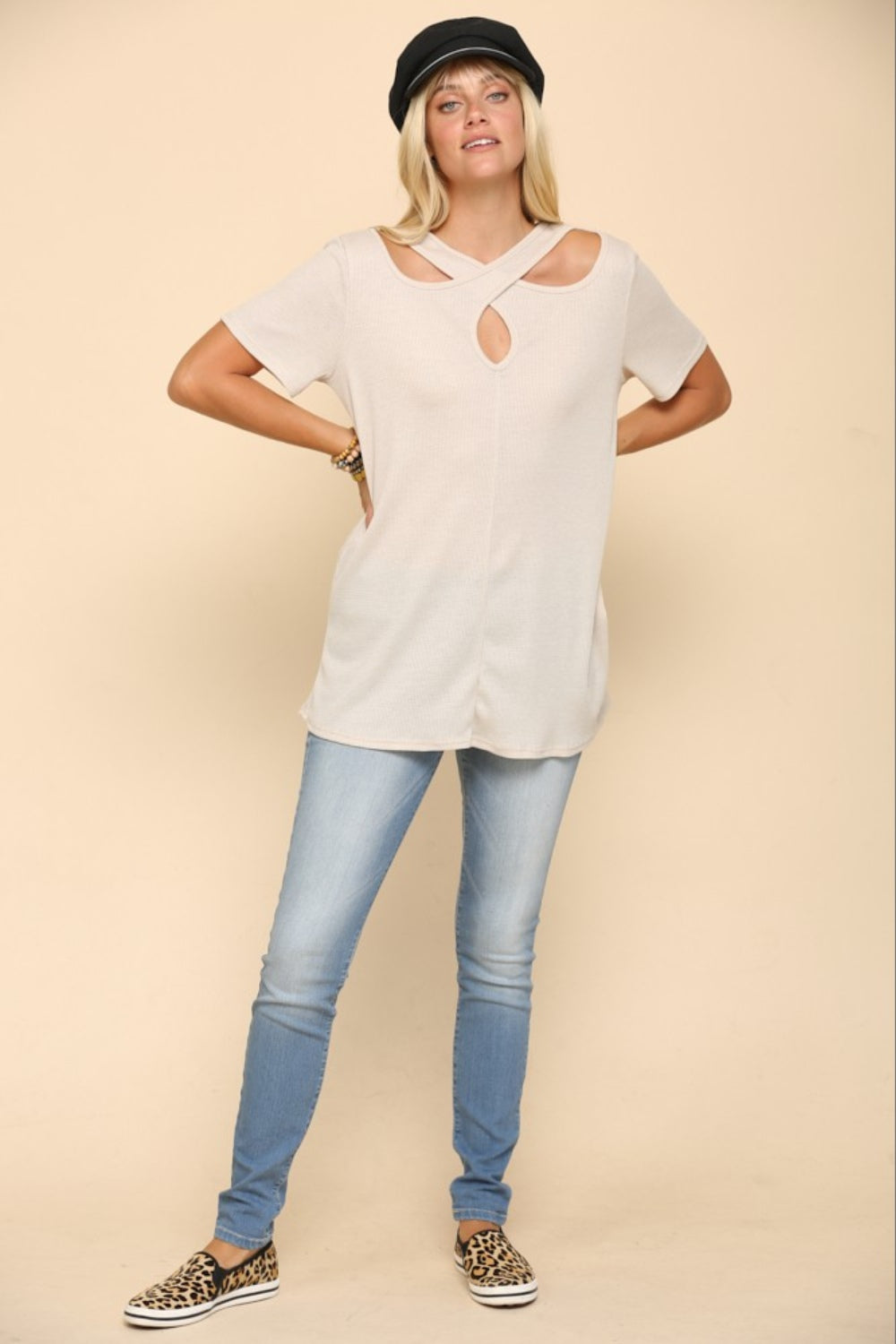 Celeste Full Size Crisscross Cutout Short Sleeve T-Shirt Top Trendsi   