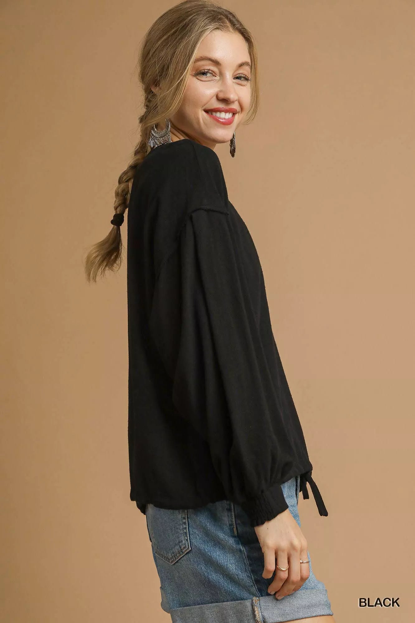 Umgee Linen Long Sleeve Drawstring Top Plus Size Blouse - NeoKira Unlimited