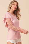 BiBi Ruffled Lace Sleeve Rib Knit Top Top Trendsi   