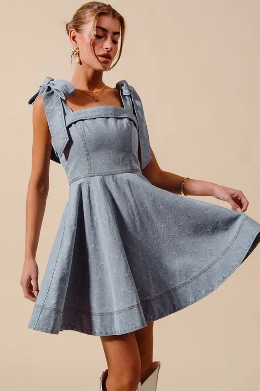 SO ME A Line Fit and Flare Diamond Bow Ribbon Denim Dres - NeoKira Unlimited
