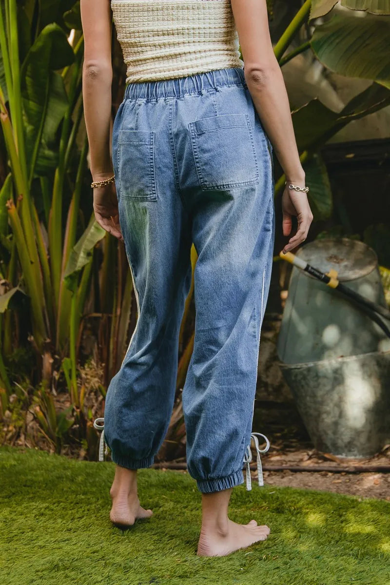 BiBi Striped Tape Details With Bot Tied Point Elastic Waist Jeans - NeoKira Unlimited