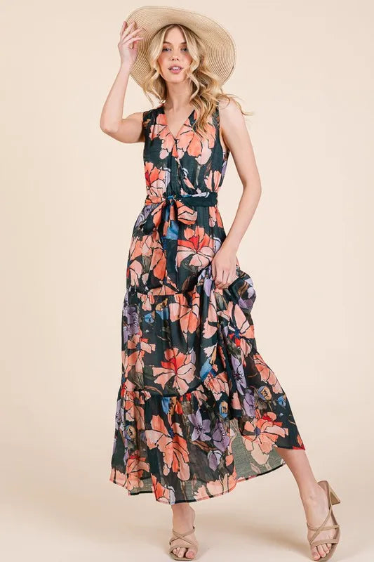 Lime 'N' Chili Floral Print Sleeveless Tie Waist Maxi Dress Feminine Flowing - NeoKira Unlimited