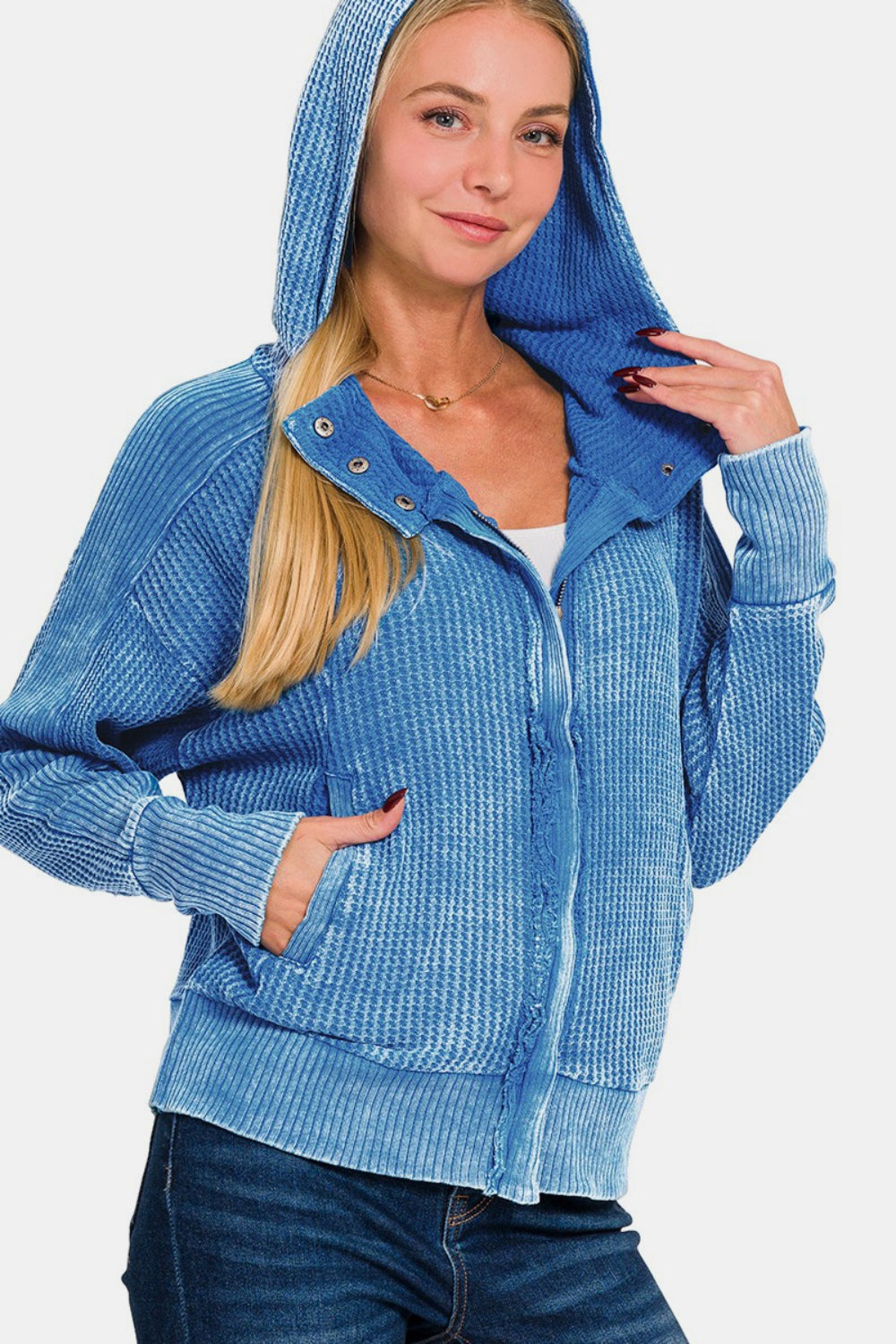 Zenana Washed Zip Up Hooded Jacket Hoodie Trendsi Ocean Blue S 