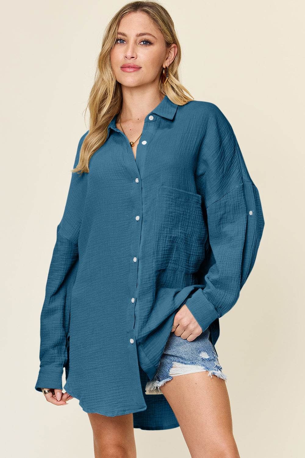 Double Take Full Size Pocketed Texture Button Up Shirt - NeoKira Unlimited