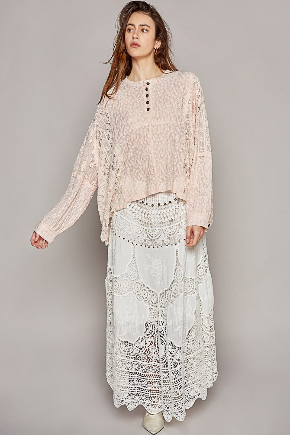 POL Round Neck Long Sleeve Raw Edge Lace Top Top Trendsi   