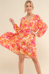 And The Why Full Size Printed Tie Back Long Sleeve Dress Mini Dress Trendsi Orange Multi S 