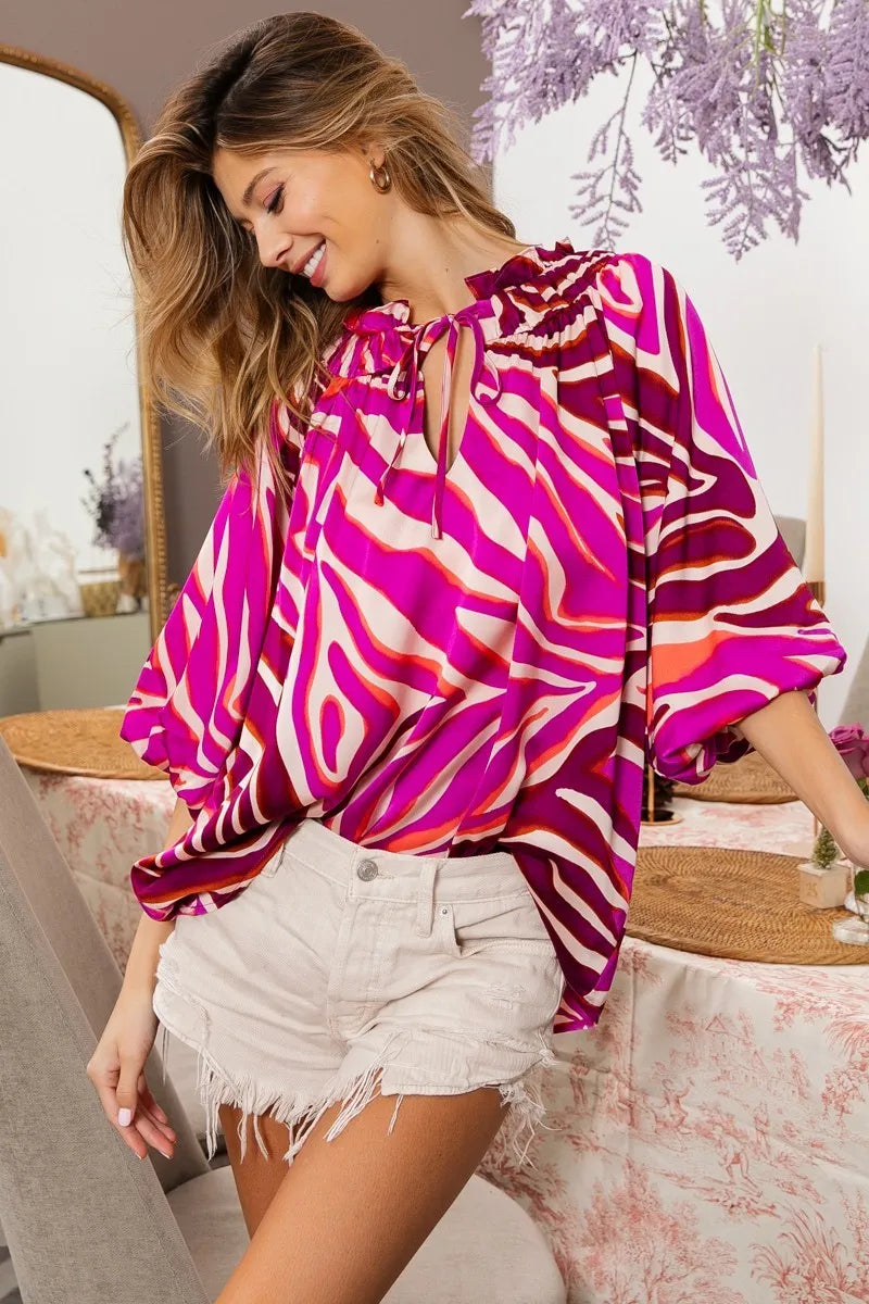 BiBi Tied Neck Half Balloon Sleeve Zebra Satin Top - NeoKira Unlimited