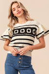 BiBi Granny Square Short Sleeve Striped Sweater Sweater Trendsi   