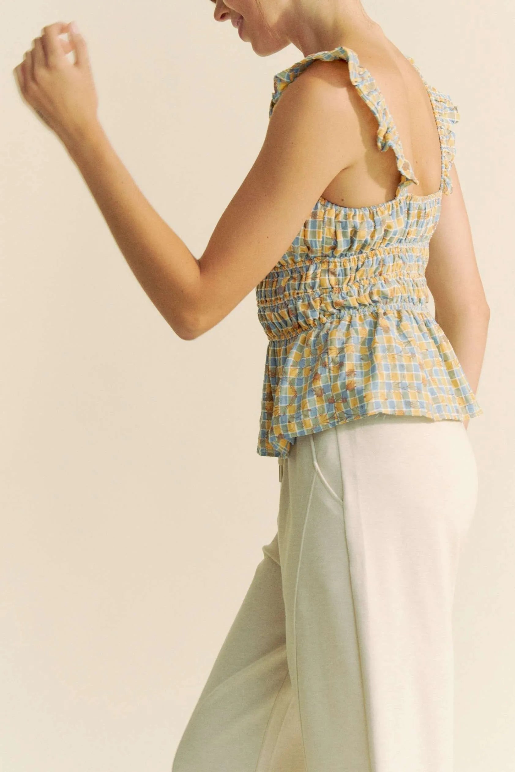 Davi & Dani Plaid Ruffled Strap Smocked Sleeveless Top - NeoKira Unlimited