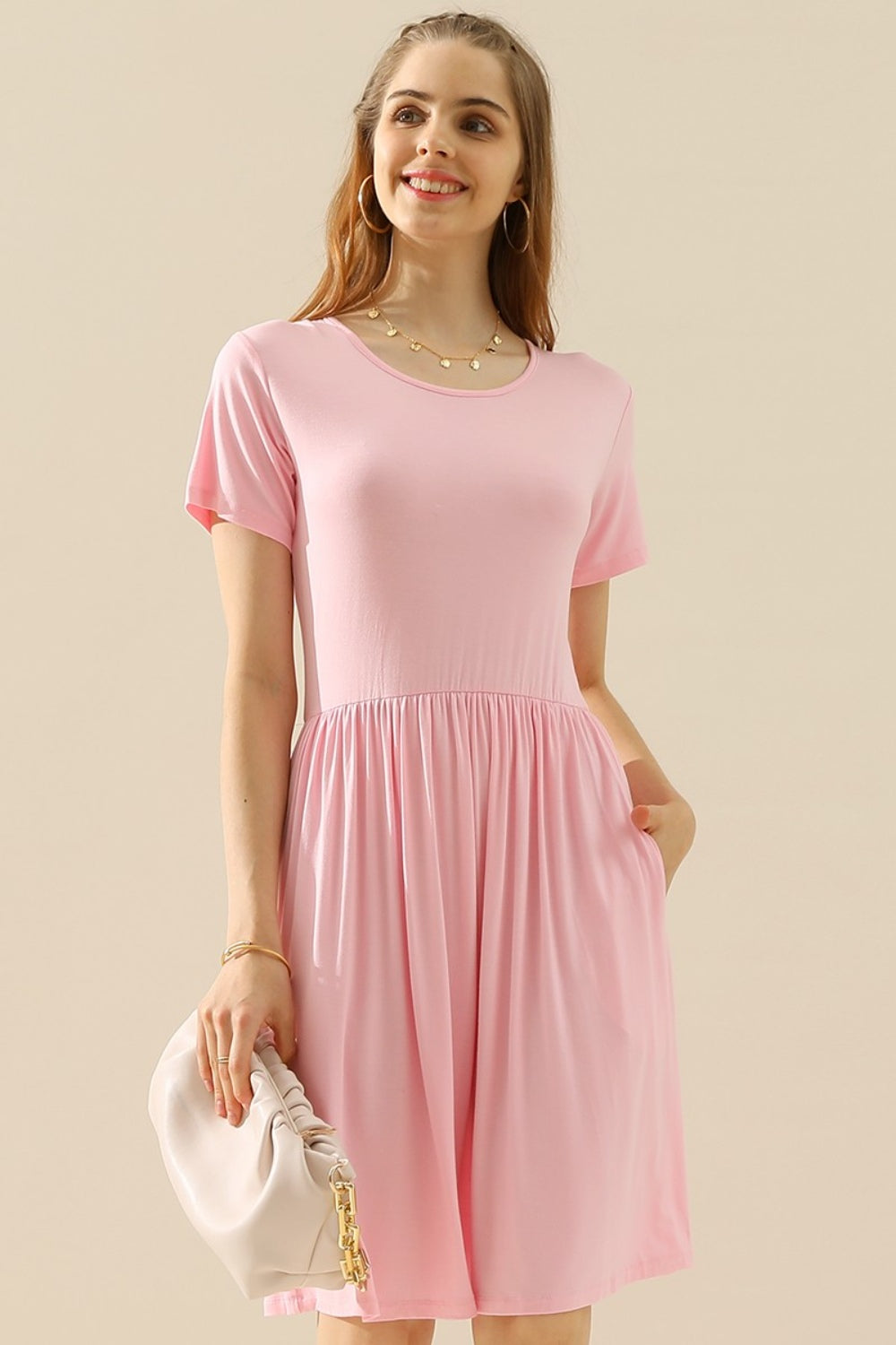 Ninexis Full Size Round Neck Ruched Dress with Pockets Mini Dress Trendsi LT PINK XL 