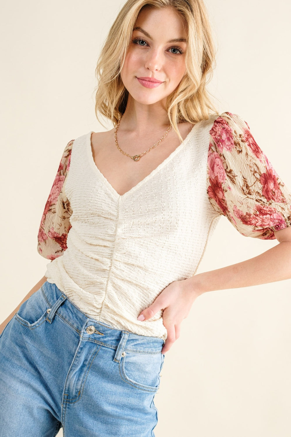 And The Why Full Size Floral Print Textured Sleeve Knit Top Top Trendsi   