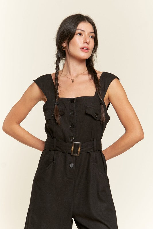 Jade By Jane Linen Blend Belted Utility Jumpsuit | Effortless Boho Chic Style - NeoKira Unlimited