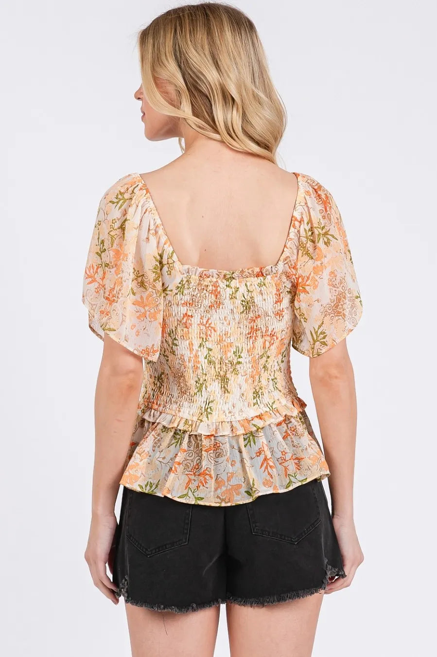 Mittoshop Floral Chiffon Smocked Square Neck Peplum Top - NeoKira Unlimited