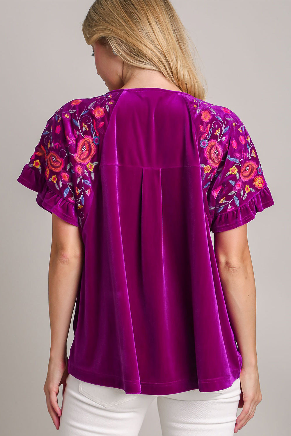 Umgee Full Size Velvet Embroidery Short Sleeve Blouse - NeoKira Unlimited