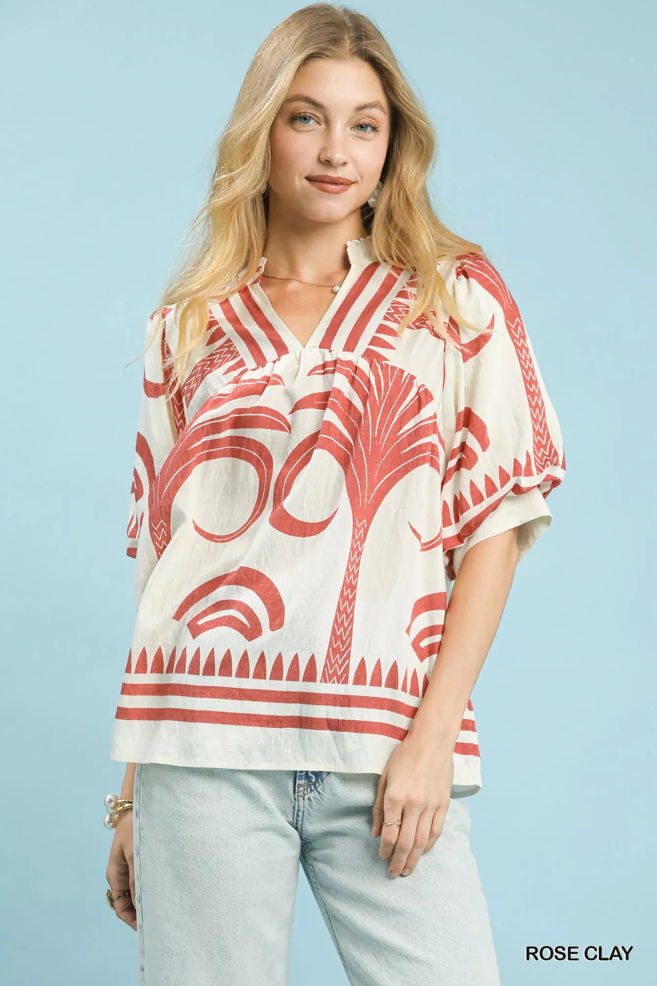 Umgee Folk Art Palm Print Puff Sleeve Blouse Boho Chic - NeoKira Unlimited