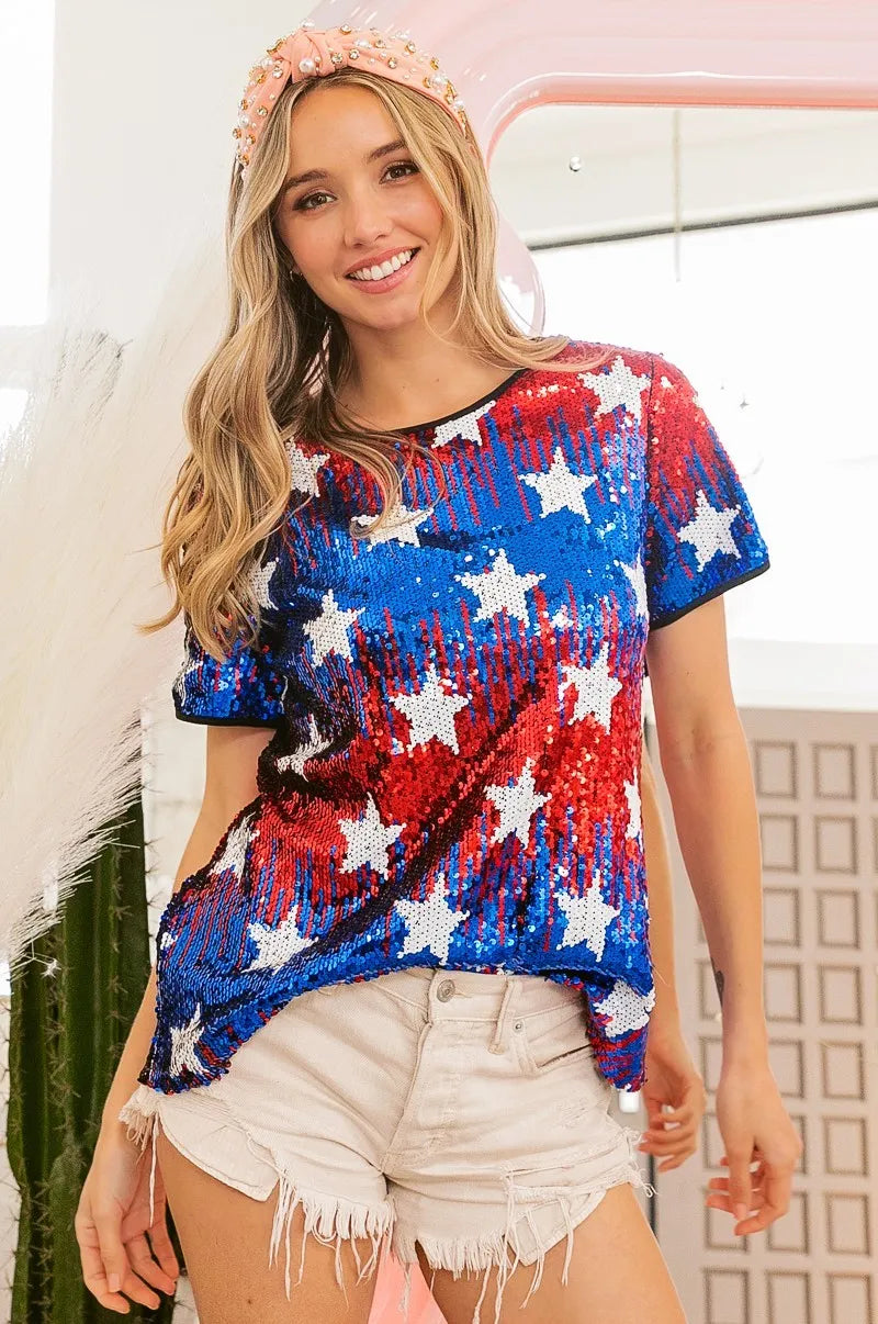 BiBi American Flag Theme Star Pattern Sequin Top - NeoKira Unlimited