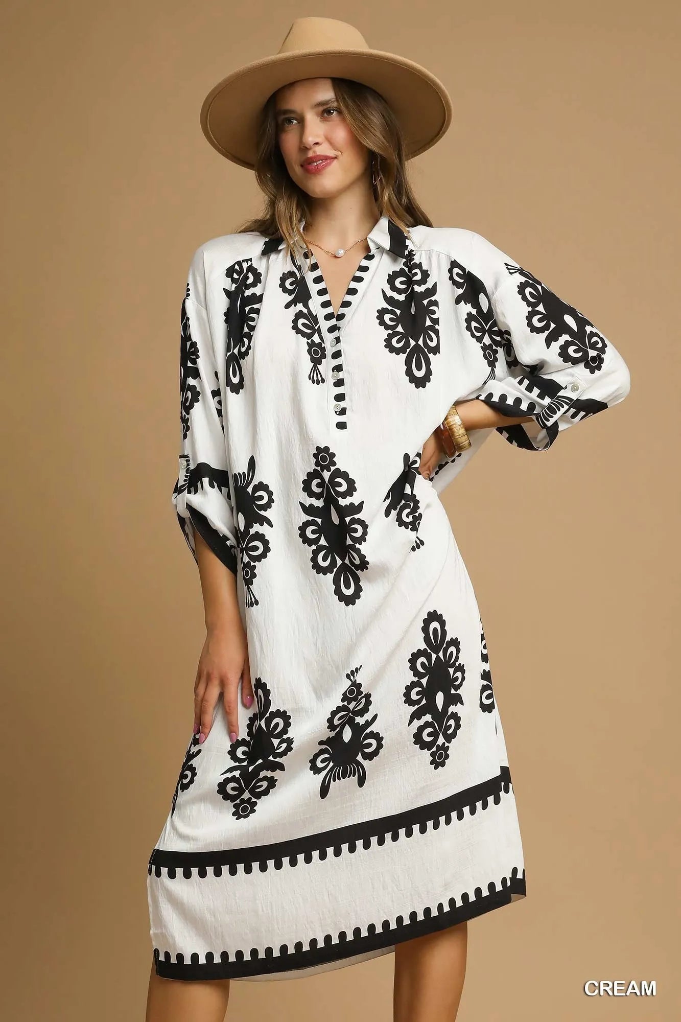Umgee Abstract Print Midi Dress Black and White Artsy Style - NeoKira Unlimited