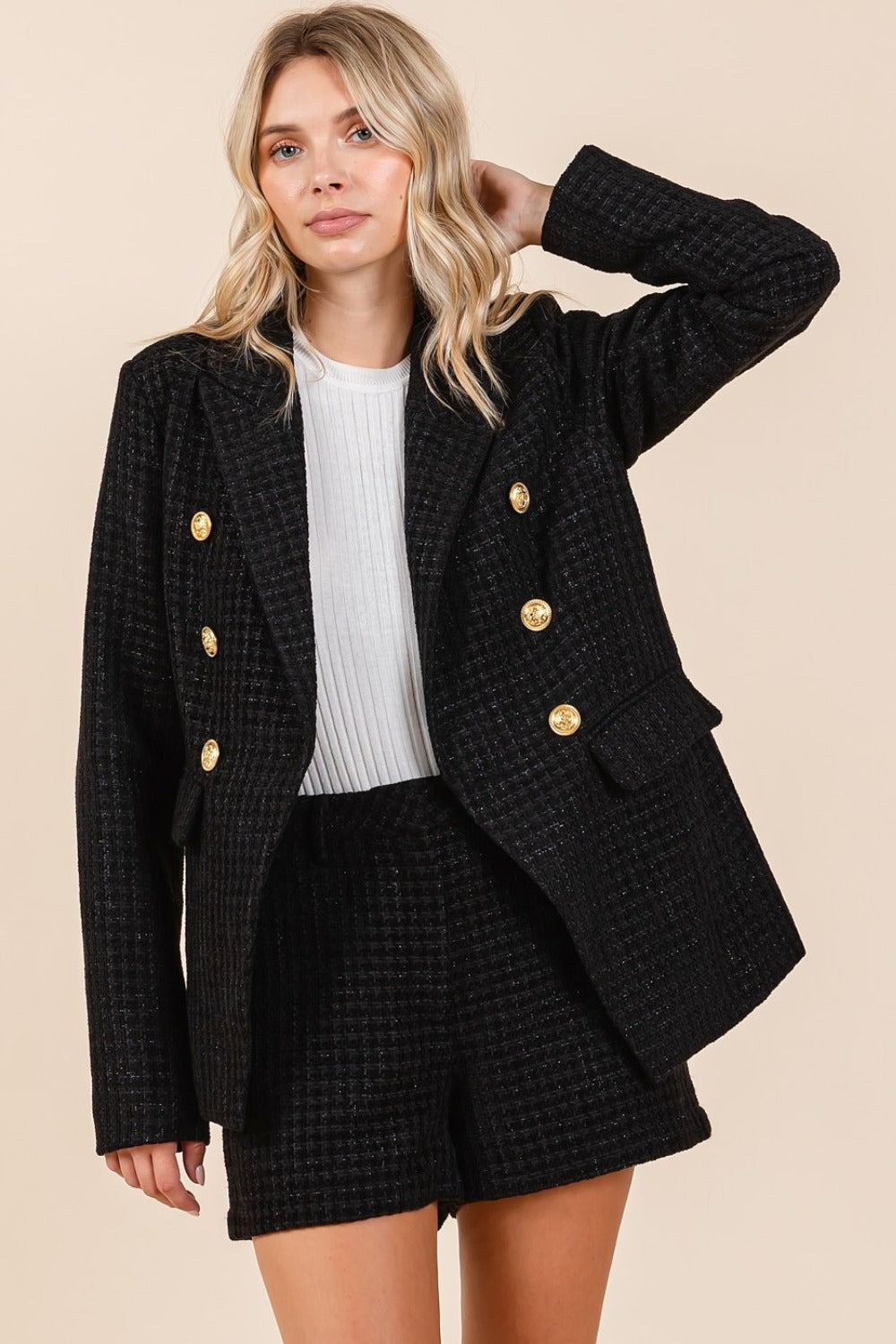 Mittoshop Plaid Texture Double-Breasted Long Sleeve Blazer - NeoKira Unlimited