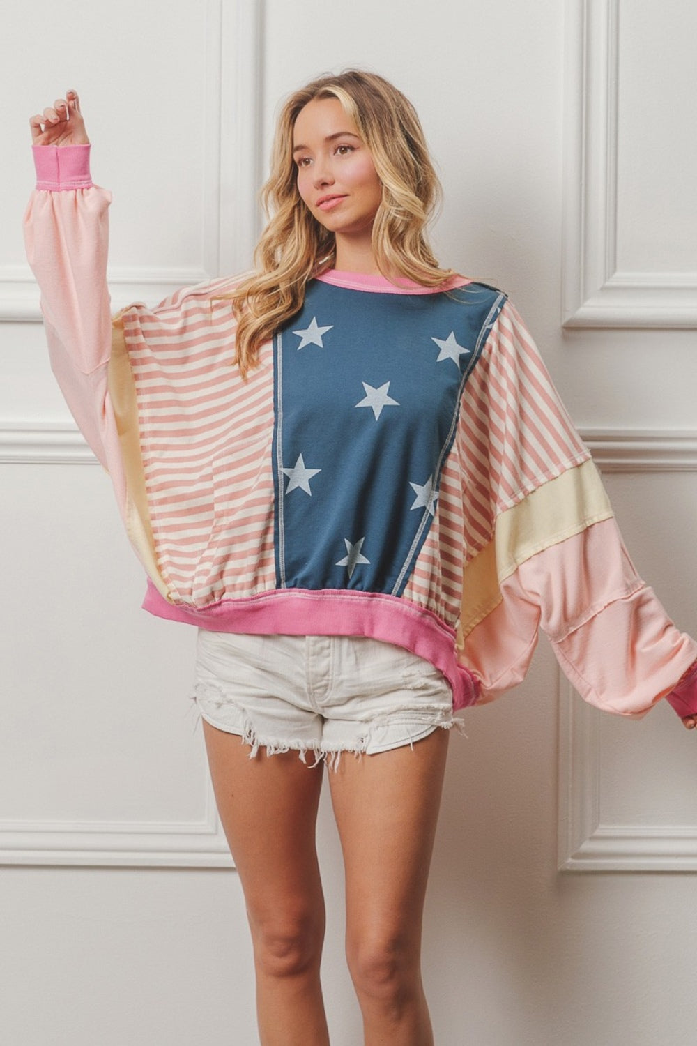 BiBi Stars and Stripes Round Neck Long Sleeve Top Top Trendsi   