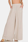 Zenana Pleated Linen Blend Wide Leg Pants Pants Trendsi Sand Beige S 