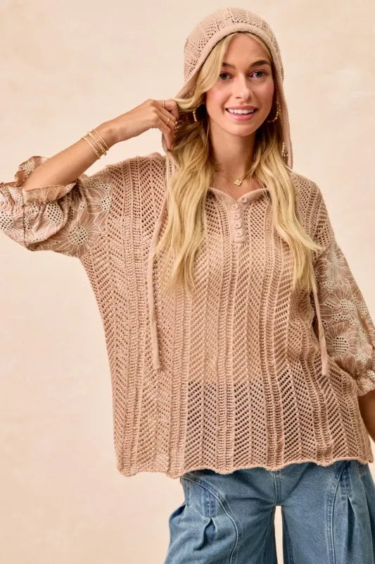BiBi Puff Sleeve Hooded Knit Top With Jacquard Floral Lace – Light Taupe - NeoKira Unlimited